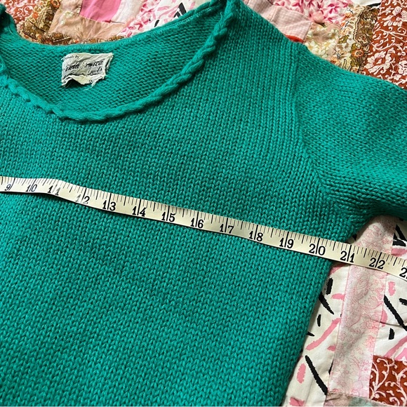 Vintage Teal Knit Sweater with Fringe Hem Sleeves S/M - Picture 6 of 7
